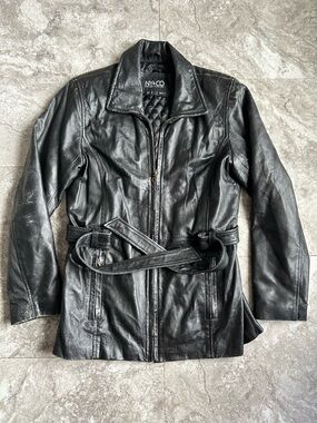 Vintage NY&CO Distressed Black Leather Jacket Small Belted “ Fixed Zipper Pull “